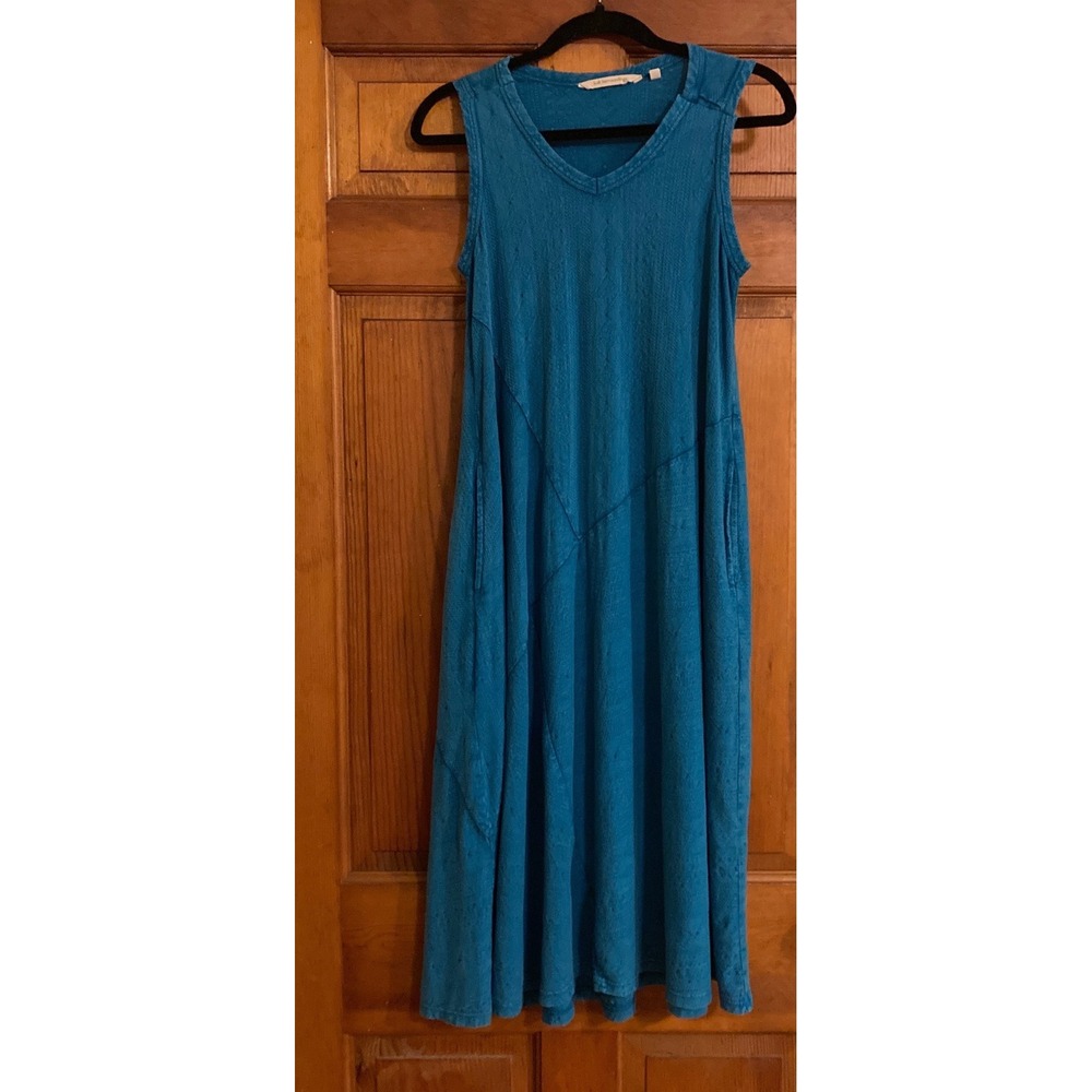 Soft Surroundings Womens PS Teal Cotton Pockets V-Neck Midi Dress Boho Lagenlook